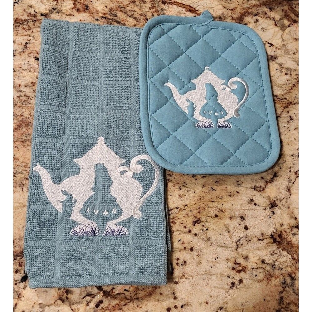 Alice in Wonderland embroidered kitchen set towel pot holder